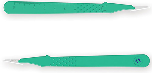 BISTURI MONOUSO E STERILE NUMERO 11. LAMA IN ACCIAIO INOX SALDATA ALL'INTERNO DI UN MANICO IN ABS LEGGERO ED ERGONOMICO. ASSICURANO AFFILATURA E UN PERFETTO CONTROLLO DEL TAGLIO - Farmastop