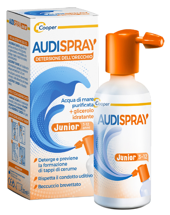 AUDISPRAY JUNIOR 3-12 ANNI SOLUZIONE DI ACQUA DI MARE IPERTONICA SPRAY SENZA GAS IGIENE ORECCHIO 25ML - Farmastop