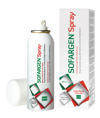 MEDICAZIONE IN POLVERE SPRAY CON CAOLINO E ARGENTO SULFADIAZINA 1% SOFARGEN SPRAY 10 G BOMBOLETTA PRESSURIZZATA 125 ML - Farmastop