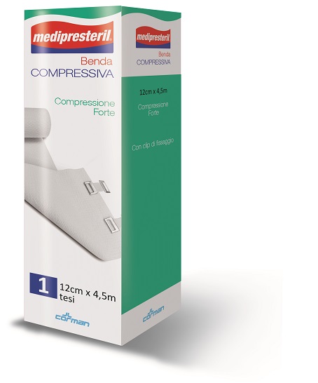 BENDA MEDIPRESTERIL COMPRESSIONE FORTE M4,5X12CM TESI CON CLIP DI FISSAGGIO - Farmastop