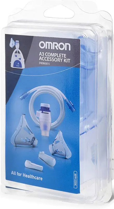 OMRON A3 COMPLETE KIT RICAMBIO AMPOLLA REGOLABILE + TUBO + MASCHERINA PEDIATRICA + MASCHERINA ADULTI + FORCELLE NASALI + BOCCAGLIO - Farmastop