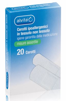 ALVITA CEROTTO IN TESSUTO NON TESSUTO ESTENSIBILE BIANCO CON TAMPONE ANTISETTICO ASSORTITO 20 PEZZI - Farmastop