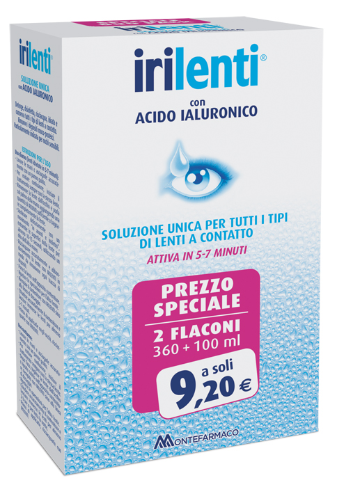 SOLUZIONE UNICA PER LENTI A CONTATTO IRILENTI CON ACIDO IALURONICO 2 FLACONI DA 360 ML + 100 ML - Farmastop