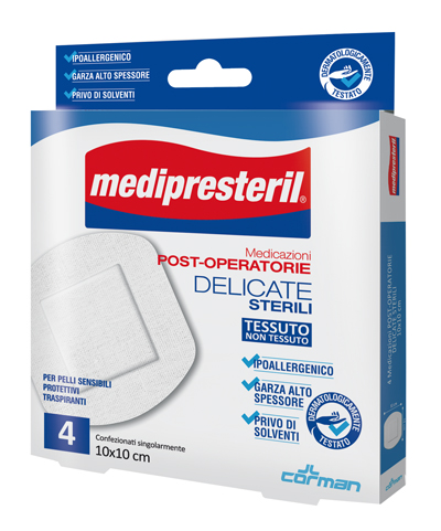 CEROTTO DI MEDICAZIONE STERILE CON SUPPORTO IN TNT MEDIPRESTERIL POSTOPERATORIO DELICATO 10X10 CM 4 PEZZI - Farmastop