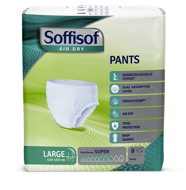 PANNOLONE SOFFISOF AIR DRY PANTS LARGE 110-150CM ASSORBENZA SUPER 8 PEZZI - Farmastop