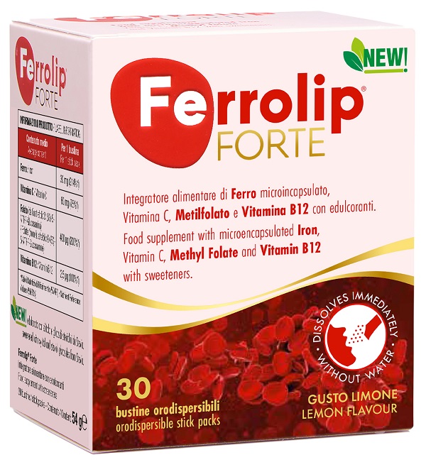 FERROLIP FORTE 30 BUSTINE ORODISPERSIBILI GUSTO LIMONE CON EDULCORANTI NEW - Farmastop