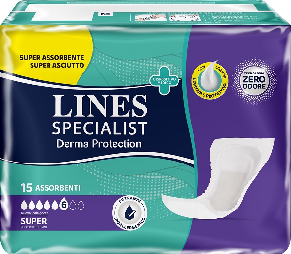 PANNOLONE PER INCONTINENZA LINES SPECIALIST DERMA PROTECTION SAGOMATO ANATOMICO SUPER 15 PEZZI - Farmastop