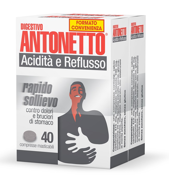 DIGESTIVO ANTONETTO ACIDITA' E REFLUSSO 80 COMPRESSE MASTICABILI 2 ASTUCCI DA 40 COMPRESSE - Farmastop