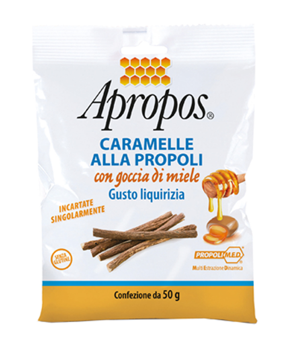 APROPOS CARAMELLE ALLA PROPOLI CON GOCCIA DI MIELE GUSTO LIQUIRIZIA 50 G - Farmastop