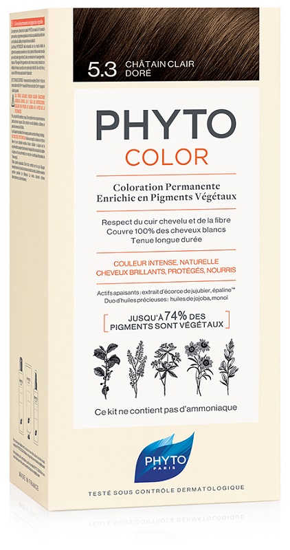 PHYTOCOLOR 5,3 CASTANO CHIARO DORATO LATTE + CREMA + MASCHERA + PAIO DI GUANTI - Farmastop