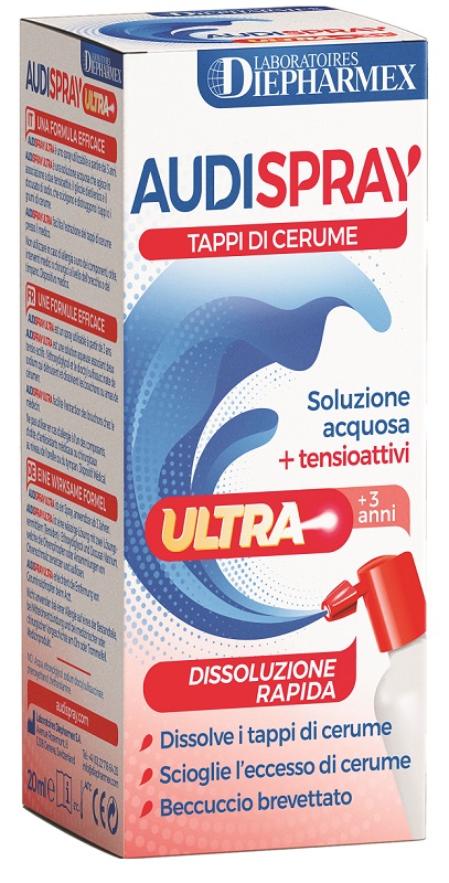 AUDISPRAY ULTRA +3 ANNI SOLUZIONE ACQUOSA + TENSIOATTIVI SPRAY TAPPI DI CERUME 20 ML - Farmastop