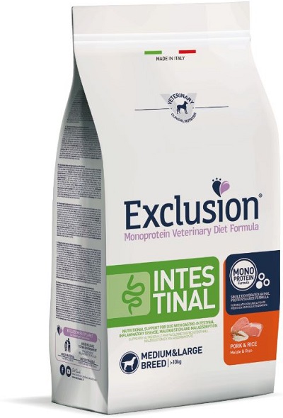EXCLUSION MONOPROTEIN VETERINARY DIET FORMULA DOG INTESTINAL PORK AND RICE MEDIUM/LARGE 12 KG DRY - Farmastop