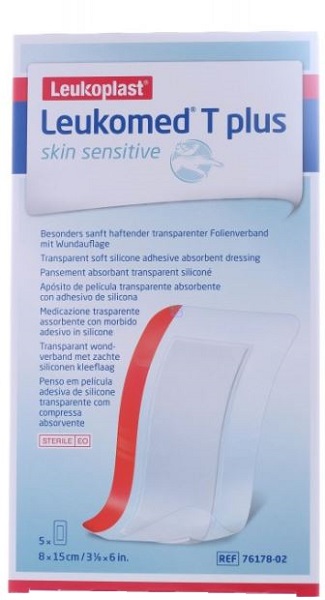 LEUKOMED T PLUS SKIN SENSITIVE MEDICAZIONE POST-OPERATORIA TRASPARENTE IMPERMEABILE CON MASSA ADESIVA AL SILICONE 8X15CM 5 PEZZI - Farmastop
