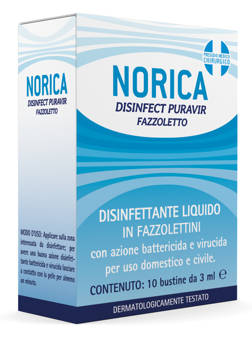 NORICA DISINFECT PURAVIR FAZZOLETTO 10 BUSTINE DA 3 ML - Farmastop