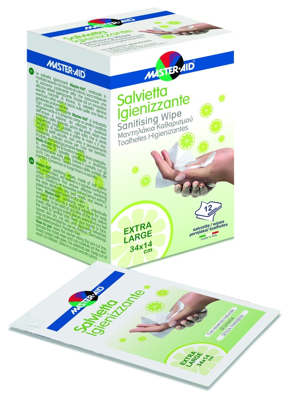 MASTER-AID SAVIETTA IMPREGNATA DI SOLUZIONE IGIENIZZANTE XL 12 PEZZI - Farmastop