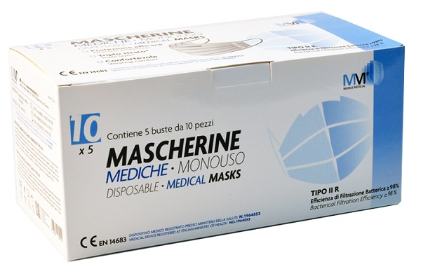 MASCHERINA CHIRURGICA MUNUS MEDICAL TIPO IIR 5 BUSTE DA 10 PEZZI - Farmastop