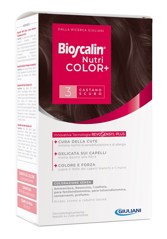 BIOSCALIN NUTRICOLOR PLUS 3 CASTANO SCURO CREMA COLORANTE 40 ML + RIVELATORE CREMA 60 ML + SHAMPOO 12 ML + TRATTAMENTO FINALE BALSAMO 12 ML - Farmastop