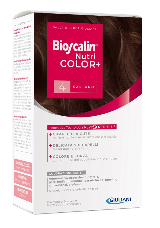 BIOSCALIN NUTRICOLOR PLUS 4 CASTANO CREMA COLORANTE 40 ML + RIVELATORE CREMA 60 ML + SHAMPOO 12 ML + TRATTAMENTO FINALE BALSAMO 12 ML - Farmastop