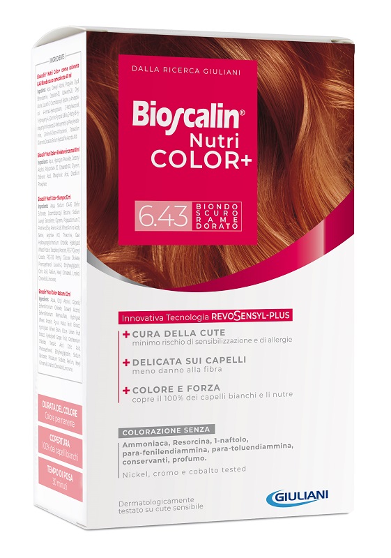BIOSCALIN NUTRICOLOR PLUS 6,43 BIONDO SCURO RAME DORATO CREMA COLORANTE 40 ML + RIVELATORE CREMA 60 ML + SHAMPOO 12 ML + TRATTAMENTO FINALE BALSAMO 12 ML - Farmastop