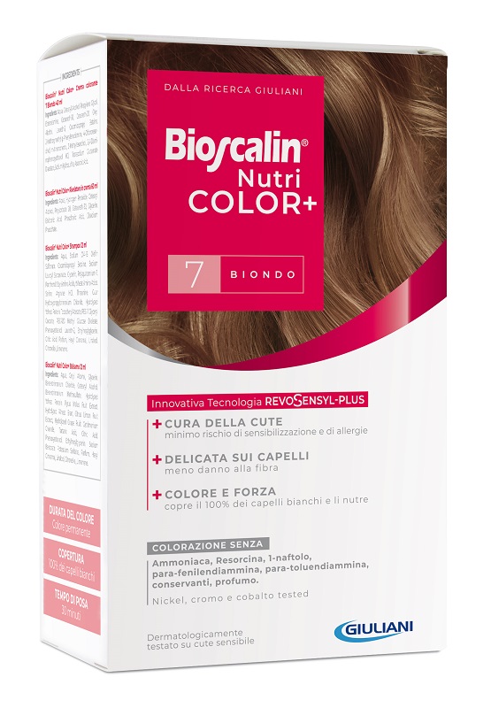 BIOSCALIN NUTRICOLOR PLUS 7 BIONDO CREMA COLORANTE 40 ML + RIVELATORE CREMA 60 ML + SHAMPOO 12 ML + TRATTAMENTO FINALE BALSAMO 12 ML - Farmastop
