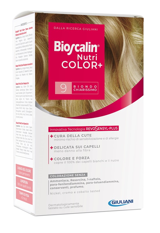 BIOSCALIN NUTRICOLOR PLUS 9 BIONDO CHIARISSIMO CREMA COLORANTE 40 ML + RIVELATORE CREMA 60 ML + SHAMPOO 12 ML + TRATTAMENTO FINALE BALSAMO 12 ML - Farmastop