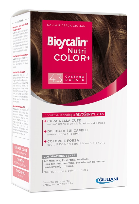 BIOSCALIN NUTRICOLOR PLUS 4,3 CASTANO DORATO CREMA COLORANTE 40 ML + RIVELATORE CREMA 60 ML + SHAMPOO 12 ML + TRATTAMENTO FINALE BALSAMO 12 ML - Farmastop