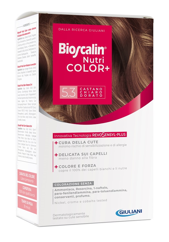 BIOSCALIN NUTRICOLOR PLUS 5,3 CASTANO CHIARO DORATO CREMA COLORANTE 40 ML + RIVELATORE CREMA 60 ML + SHAMPOO 12 ML + TRATTAMENTO FINALE BALSAMO 12 ML - Farmastop