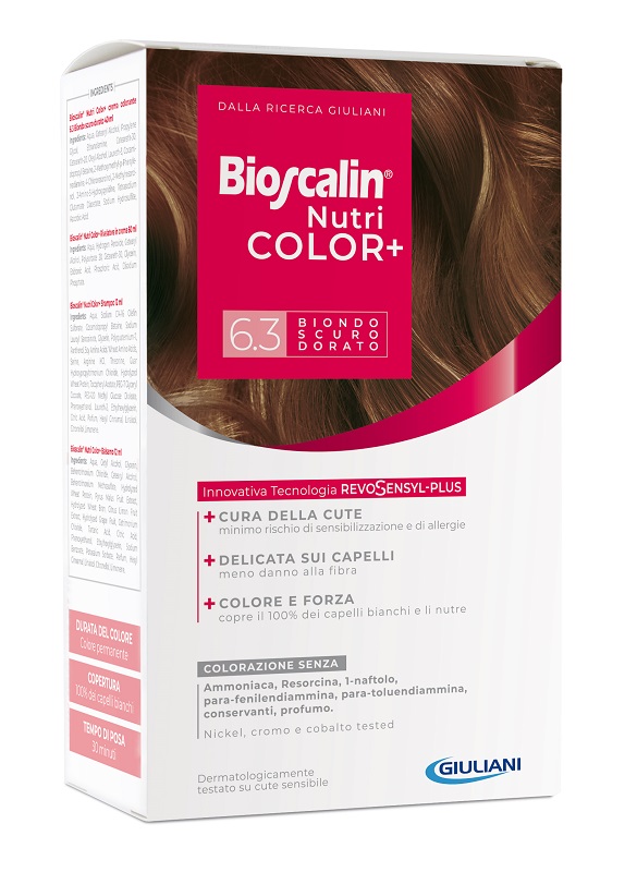 BIOSCALIN NUTRICOLOR PLUS 6,3 BIONDO SCURO DORATO CREMA COLORANTE 40 ML + RIVELATORE CREMA 60 ML + SHAMPOO 12 ML + TRATTAMENTO FINALE BALSAMO 12 ML - Farmastop