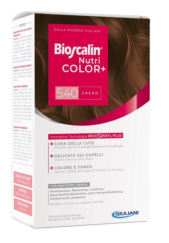 BIOSCALIN NUTRICOLOR PLUS 5,40 CACAO CREMA COLORANTE 40 ML + RIVELATORE CREMA 60 ML + SHAMPOO 12 ML + TRATTAMENTO FINALE BALSAMO 12 ML - Farmastop
