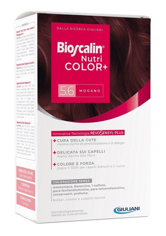 BIOSCALIN NUTRICOLOR PLUS 5,6 MOGANO CREMA COLORANTE 40 ML + RIVELATORE CREMA 60 ML + SHAMPOO 12 ML + TRATTAMENTO FINALE BALSAMO 12 ML - Farmastop
