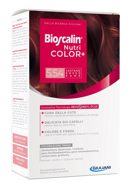 BIOSCALIN NUTRICOLOR PLUS 5,54 CASTANO ROSSO RAME CREMA COLORANTE 40 ML + RIVELATORE CREMA 60 ML + SHAMPOO 12 ML + TRATTAMENTO FINALE BALSAMO 12 ML - Farmastop