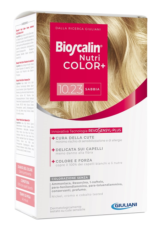 BIOSCALIN NUTRICOLOR PLUS 10,23 SABBIA CREMA COLORANTE 40 ML + RIVELATORE CREMA 60 ML + SHAMPOO 12 ML + TRATTAMENTO FINALE BALSAMO 12 ML - Farmastop