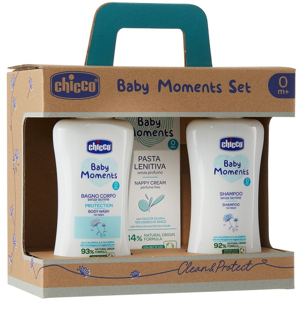 CHICCO BABY MOMENTS SET BAGNOCHIUMA PELLI DELICATE 200 ML + SHAMPOO PELLI DELICATE 200 ML + PASTA CAMBIO PELLI DELICATE 100 ML - Farmastop