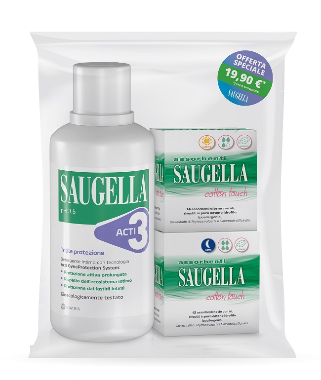 SAUGELLA ACTI3 DETERGENTE INTIMO + 2 SCATOLE ASSORBENTI GIORNO E NOTTE - Farmastop