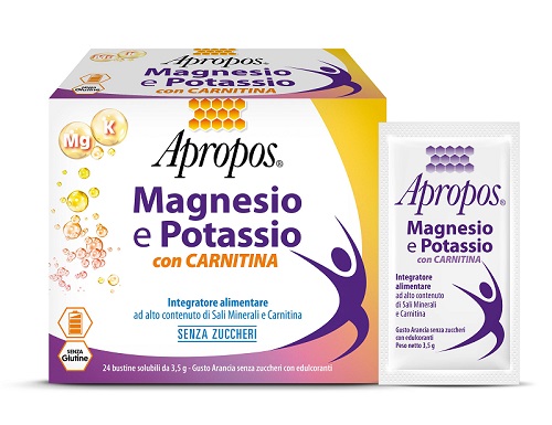 APROPOS MAGNESIO E POTASSIO CON CARNITINA 24 BUSTINE SOLUBILI DA 3,5 G GUSTO ARANCIA SENZA ZUCCHERI - Farmastop