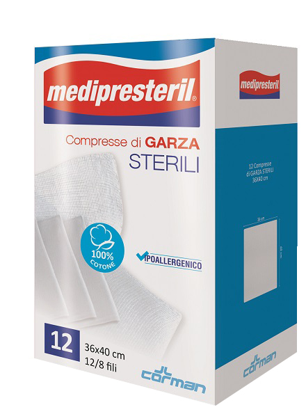 GARZA COMPRESSA MEDIPRESTERIL 12/8 FU 36X40CM 12 PEZZI - Farmastop