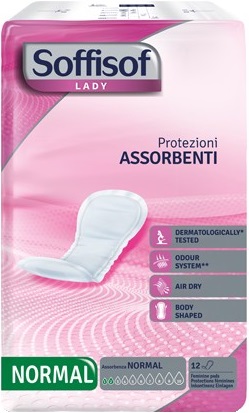 PANNOLONE PER INCONTINENZA CON PROTEZIONI DISCRETE MORBIDE E ANATOMICHE CON NUCLEO SUPER ASSORBENTE E UNO SPECIALE FILTRANTE ESTERNO TRASPIRANTE SOFFISOF LADY NORMALE 12 PEZZI - Farmastop