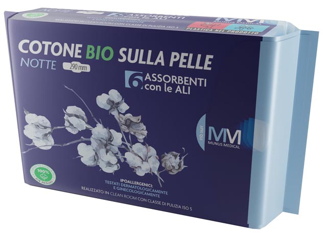 MUNUS MEDICAL ASSORBENTE NOTTE CON ALI COTONE BIO SULLA PELLE 290 MM 6 PEZZI - Farmastop