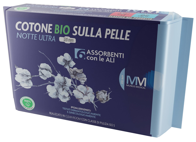 MUNUS MEDICAL ASSORBENTE NOTTE ULTRA CON ALI COTONE BIO SULLA PELLE 320 MM 6 PEZZI - Farmastop