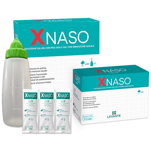SOLUZIONE SALINA CON PEG 3350 E SALI PER IRRIGAZIONE NASALE XNASO 30 BUSTINE + 1 EROGATORE - Farmastop