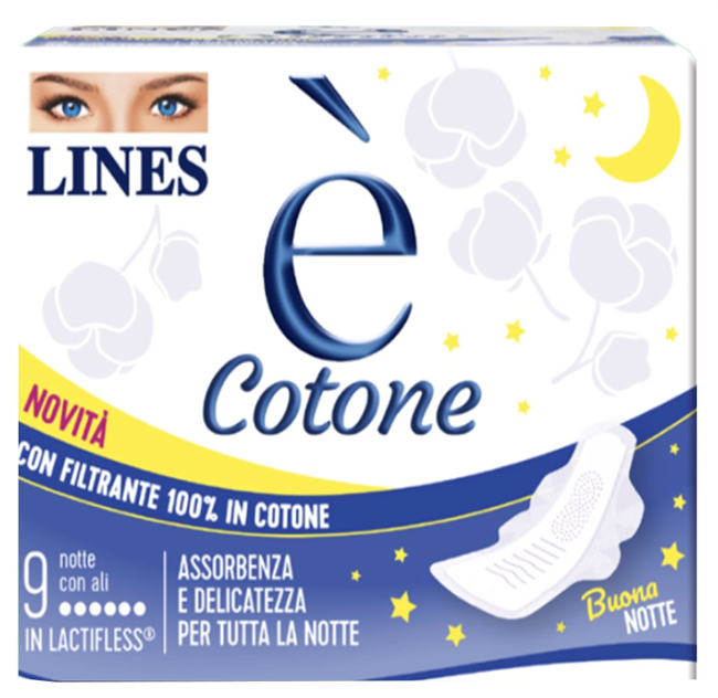 LINES E' COTONE ALI ASSORBENTE ESTERNO NOTTE 9 PEZZI - Farmastop