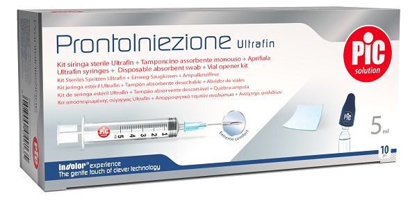 PRONTOINIEZIONE ULTRAFIN KIT SIRINGA STERILE 5 ML GAUGE 23 10 PEZZI + TAMPONCINO ASSORBENTE MONOUSO + APRIFIALA - Farmastop