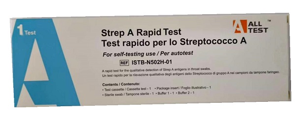 TEST ANTIGENICO RAPIDO ALLTEST STREP A RILEVAZIONE QUALITATIVA ANTIGENI STREPTOCOCCO A NEI CAMPIONI DI TAMPONE FARINGEO AUTO RACCOLTI - Farmastop